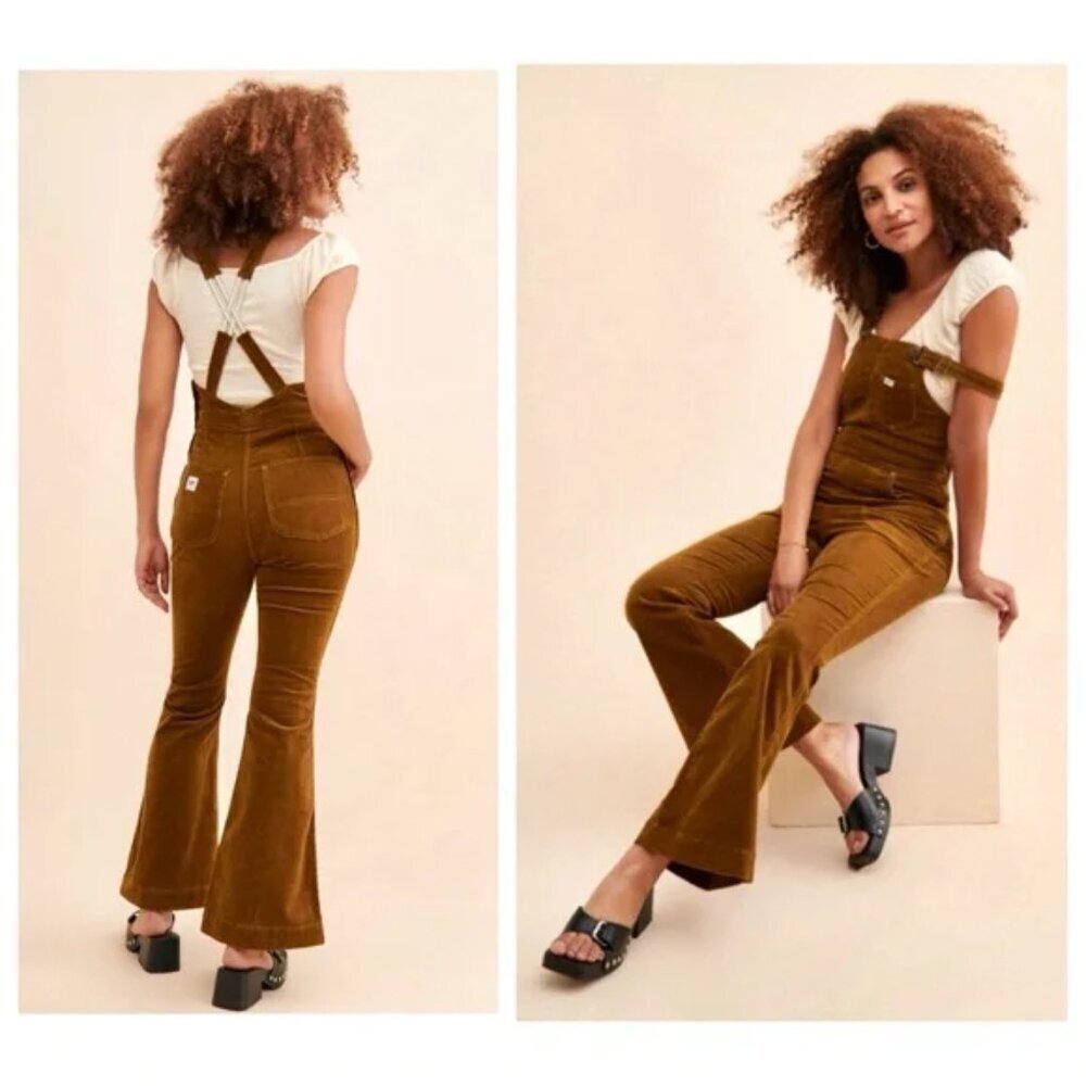 Free People Lee Vintage Corduroy Flare Overalls Size Small Brown Retro